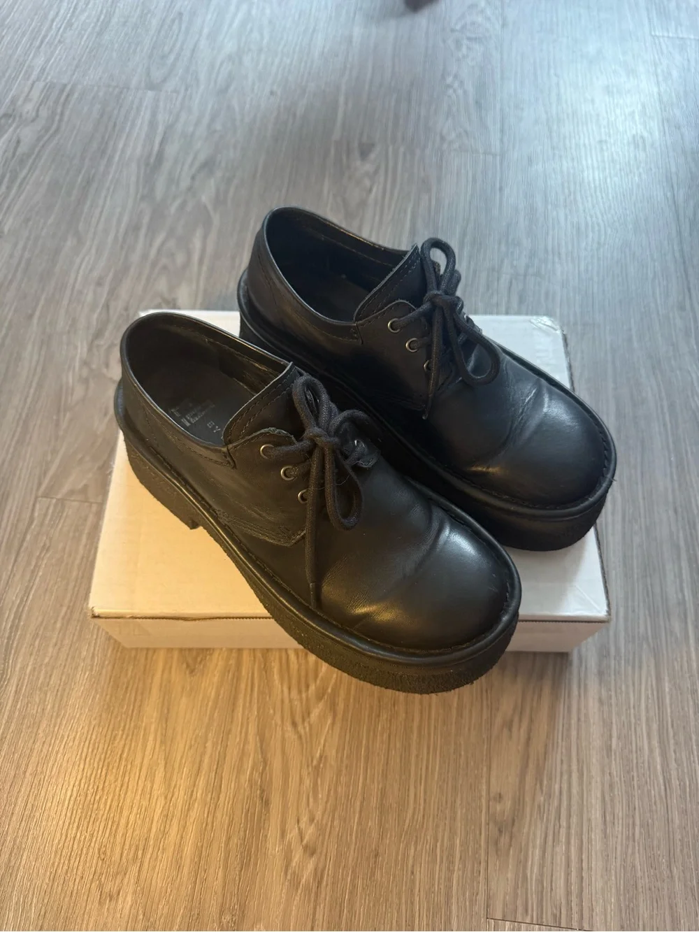 E8 by Miista Chunky Black Leather Lace Up Oxfords